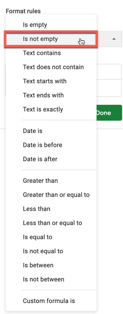 Select the condition you want in Google sheets