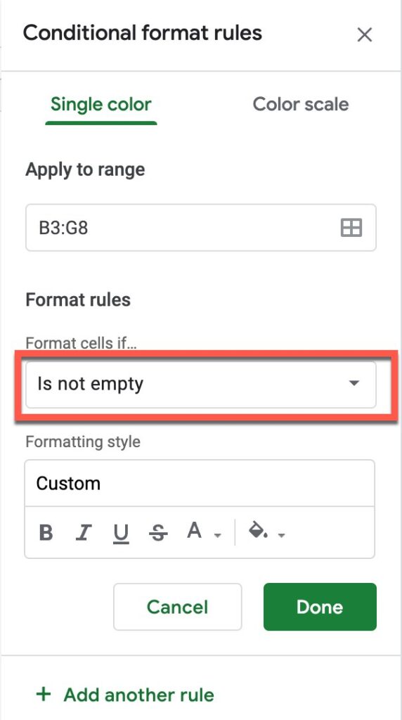 Conditional formatting rules in Google Sheets