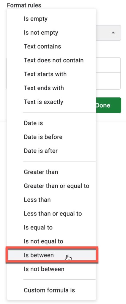 "Is between" option in Google Sheets conditional formatting condition options