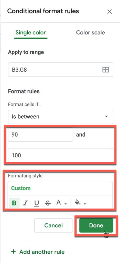 Configuring the "In between" condition in Google Sheets