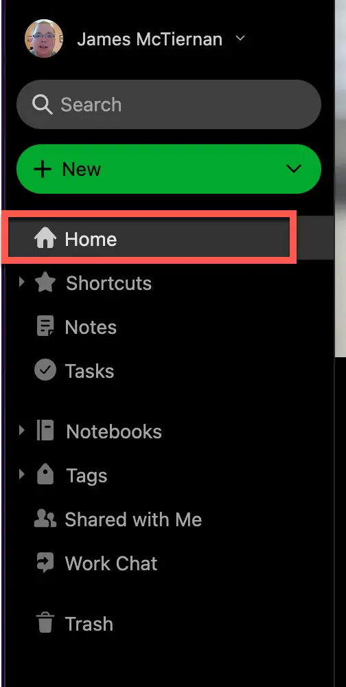 Click "Home" to access Evernote Home