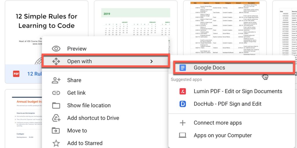Right click on PDF in Google Drive and go to Open with -> Google Docs