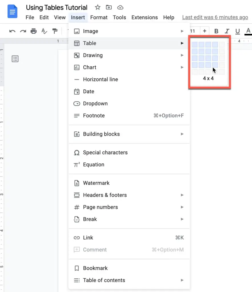 Use Table Grid in Google Docs to select how many rows and columns you want for your table