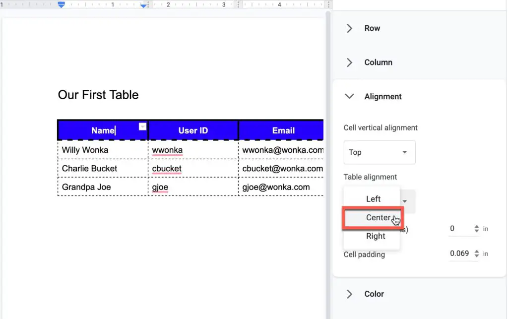 Select Center to center your table in the Google Docs page