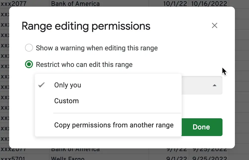 Range editing permission options in Google Sheets