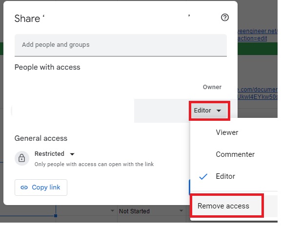 Remove access from shared file in Sheets